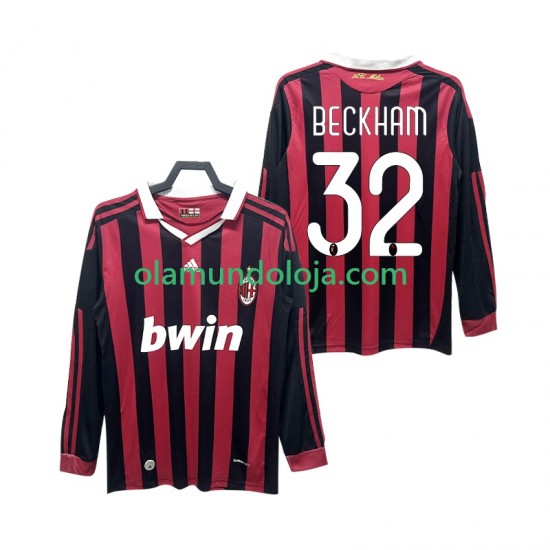 Camisola AC Milan BECKHAM 32 2009 Retro Homem Equipamento Primeiro 2010 Manga Comprida